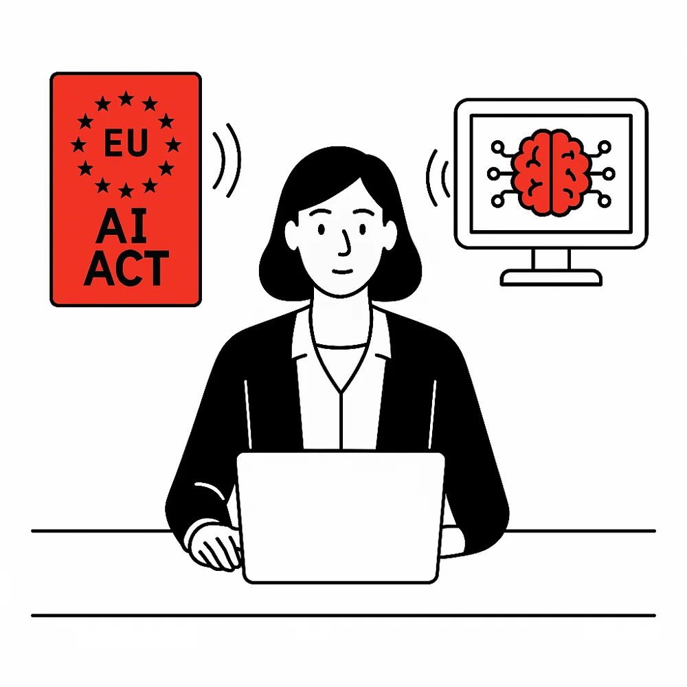 Illustration aus dem Kursmaterial: Mitarbeiterin am Laptop mit EU-AI-Act-Schild